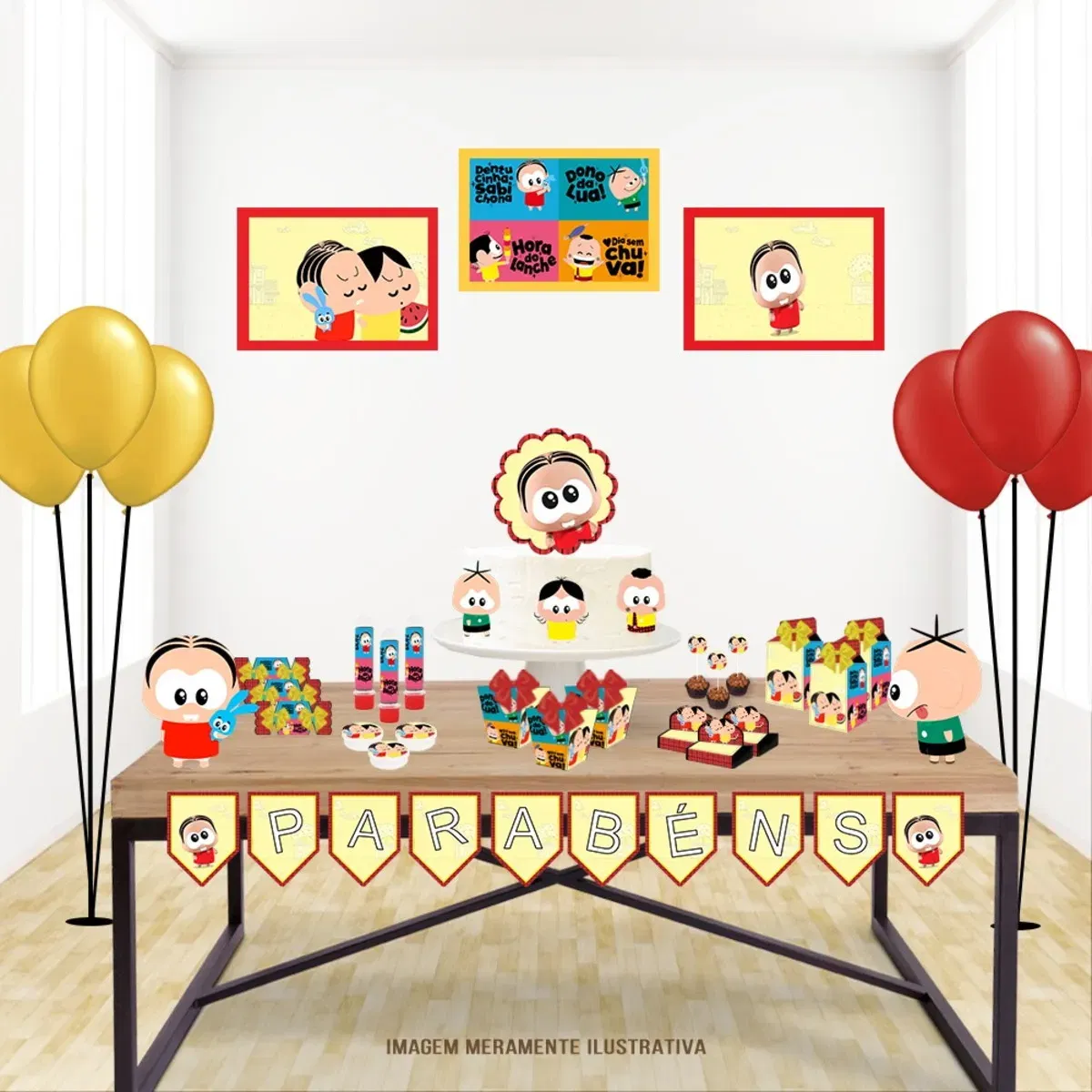 Kit Decoração para Aniversário Turma da Mônica Toy (Studio/PDF). Arquivo de Corte essencial para festas com este tema infantil. Inclui moldes de topo de bolo e topper.