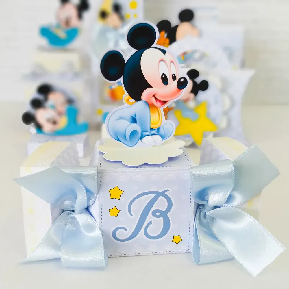 Decoração para festa Mickey Baby. Ficheiros PDF para impressão e arquivo de corte Studio. Inclui moldes de topper.