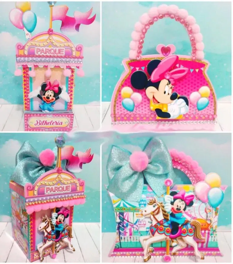 Topo de bolo temático Parque da Minnie em camadas. Arquivo de corte Studio para topper e decoração de festas.