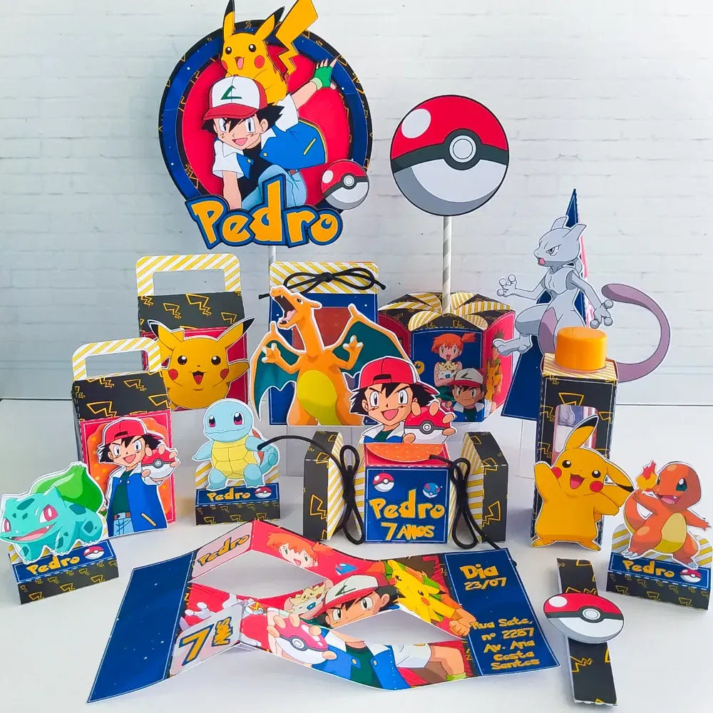 Topo de Bolo e Decoração Principal Pokémon. Arquivo de Corte Studio e PDF para festas de aniversário. O tema completo com topper.