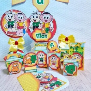 Arquivo de Corte com elementos de Decoração Cascão e Cebolinha. Inclui moldes para caixas