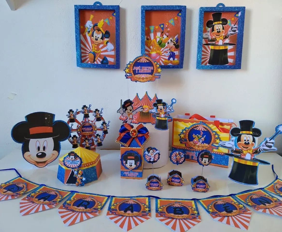Decoração Circo do Mickey Luxo para aniversário baby. Arquivo de corte Studio e PDF. Topo de bolo e topper de luxo.