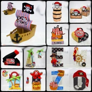 Kit Decoração Festa Infantil Tema Piratas em Arquivo de Corte Studio. Essencial para festas de aniversário. Inclui moldes de topo de bolo e topper.