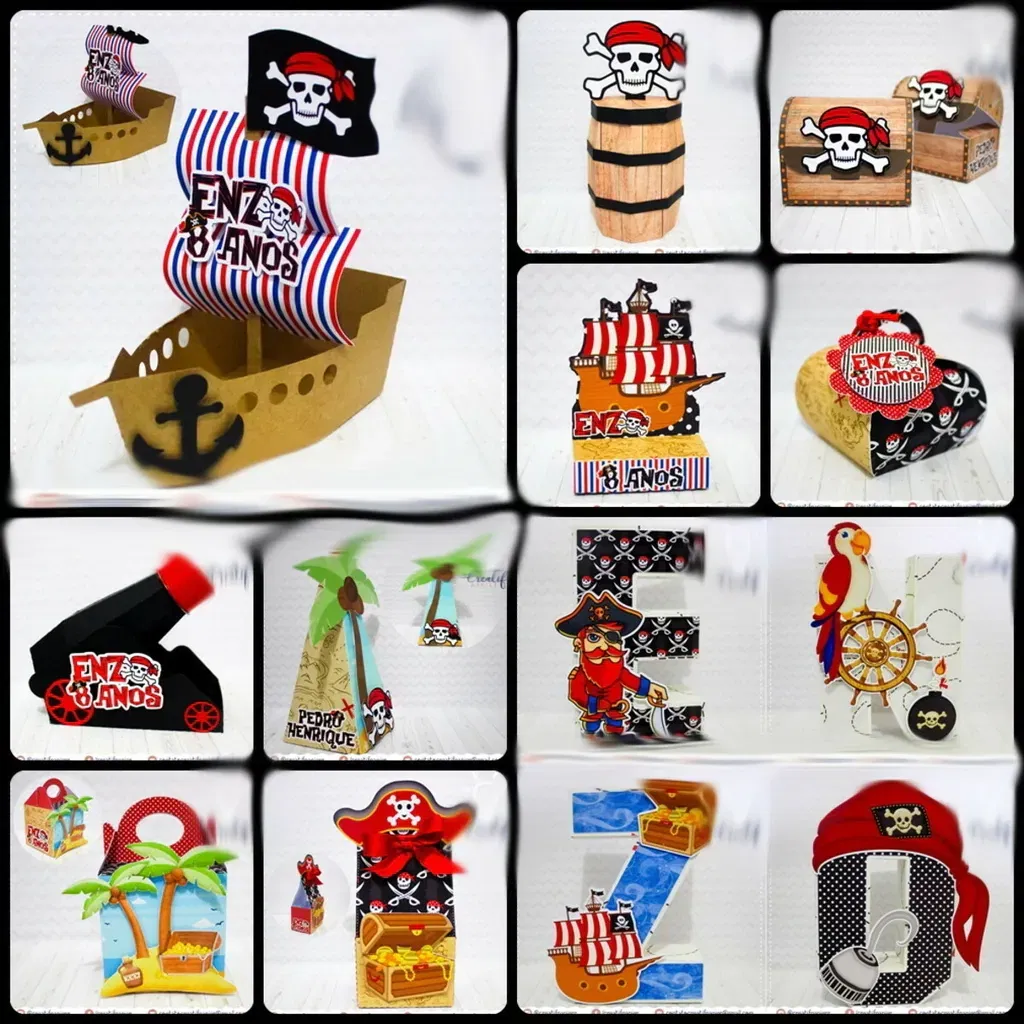 Kit Decoração Festa Infantil Tema Piratas em Arquivo de Corte Studio. Essencial para festas de aniversário. Inclui moldes de topo de bolo e topper.