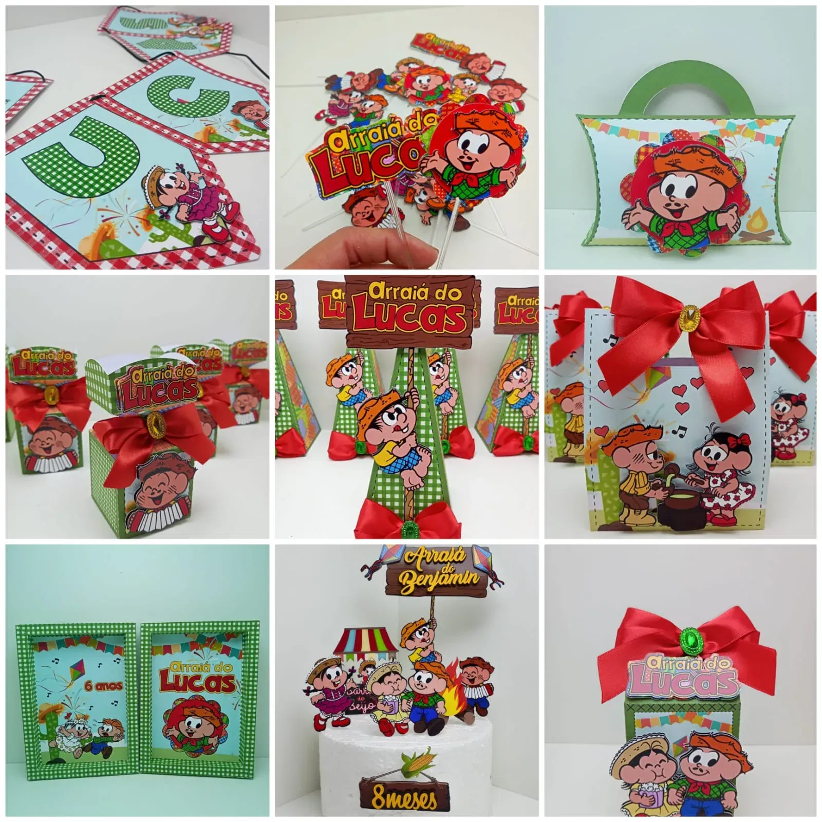 Imagem de decoração completa para Festa Junina Turma da Mônica. Ideal para festas temáticas com elementos caipiras. Inclui moldes de topo de bolo e topper.