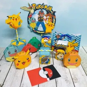 Decoração Festa Infantil Temática Pokémon. Arquivo de Corte Studio e PDF para aniversário. O tema preferido com moldes de topo de bolo e topper.