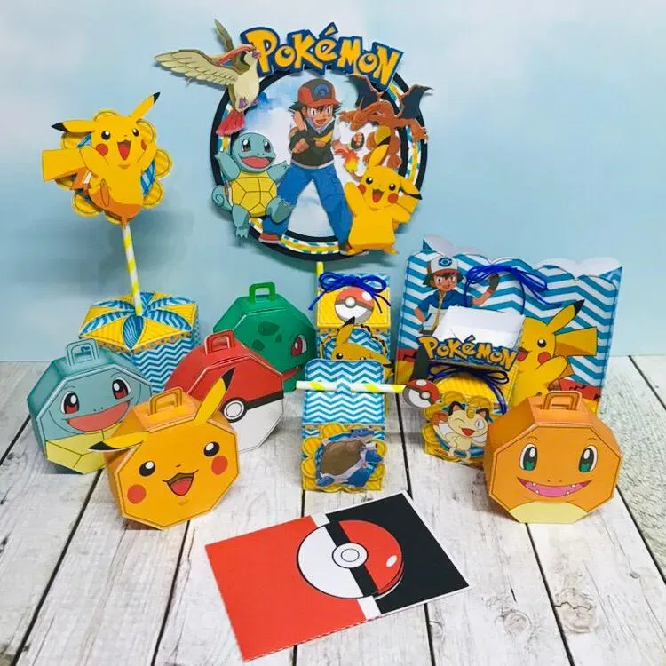 Decoração Festa Infantil Temática Pokémon. Arquivo de Corte Studio e PDF para aniversário. O tema preferido com moldes de topo de bolo e topper.