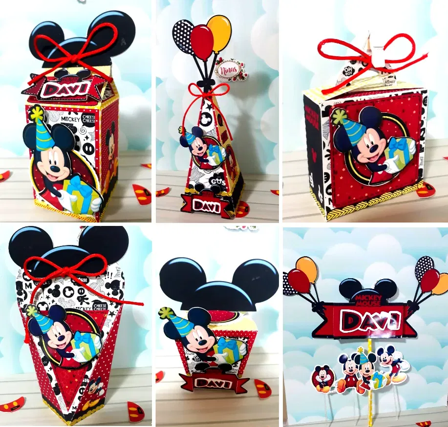 Kit de decoração de mesa Mickey Mouse em Studio, PNG e PDF. Ideal para temas de festas de aniversário. Inclui moldes de topper e topo de bolo.