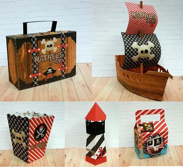 Kit Decoração de Aniversário de Pirata em Arquivo de Corte Studio. Essencial para festas com este tema. Inclui moldes de topo de bolo e topper.