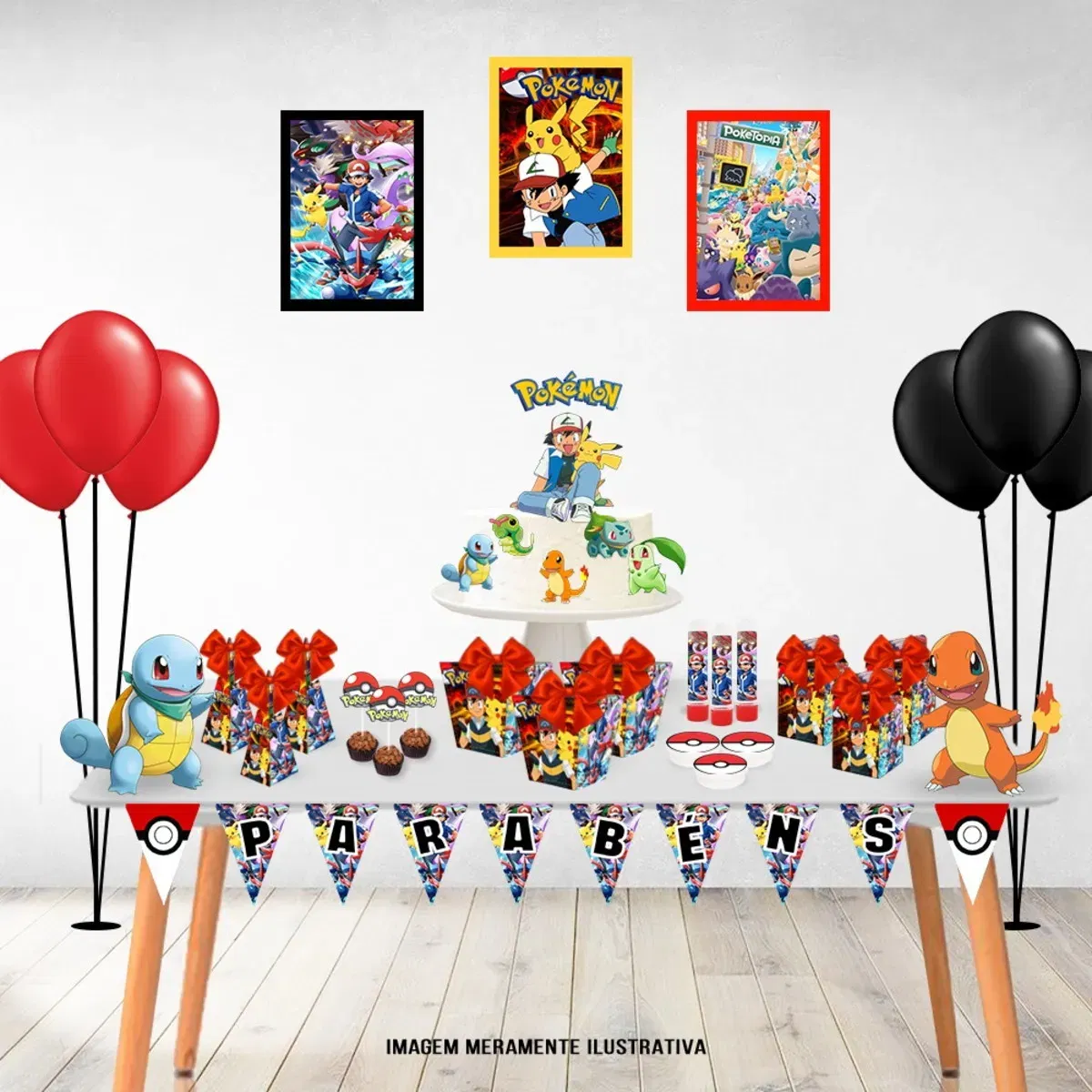 Kit Festa Infantil Tema Pokémon (Studio e PDF). Arquivo de Corte essencial para decoração de festas de aniversário com este tema. Inclui moldes de topo de bolo e topper.