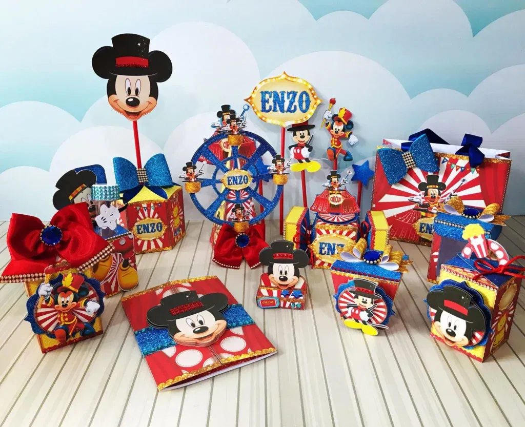 Kit decoração Circo do Mickey nos formatos Studio, PNG e PDF. Ideal para temas de festas de aniversário. Inclui moldes de topper.