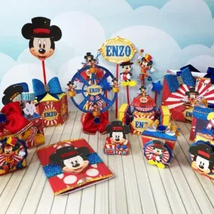 Kit decoração Circo do Mickey nos formatos Studio, PNG e PDF. Ideal para temas de festas de aniversário. Inclui moldes de topper.