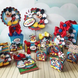 Decoração para festa Turma do Mickey. Arquivos PDF e PNG para imprimir e arquivo de corte Studio. Inclui moldes de topper.
