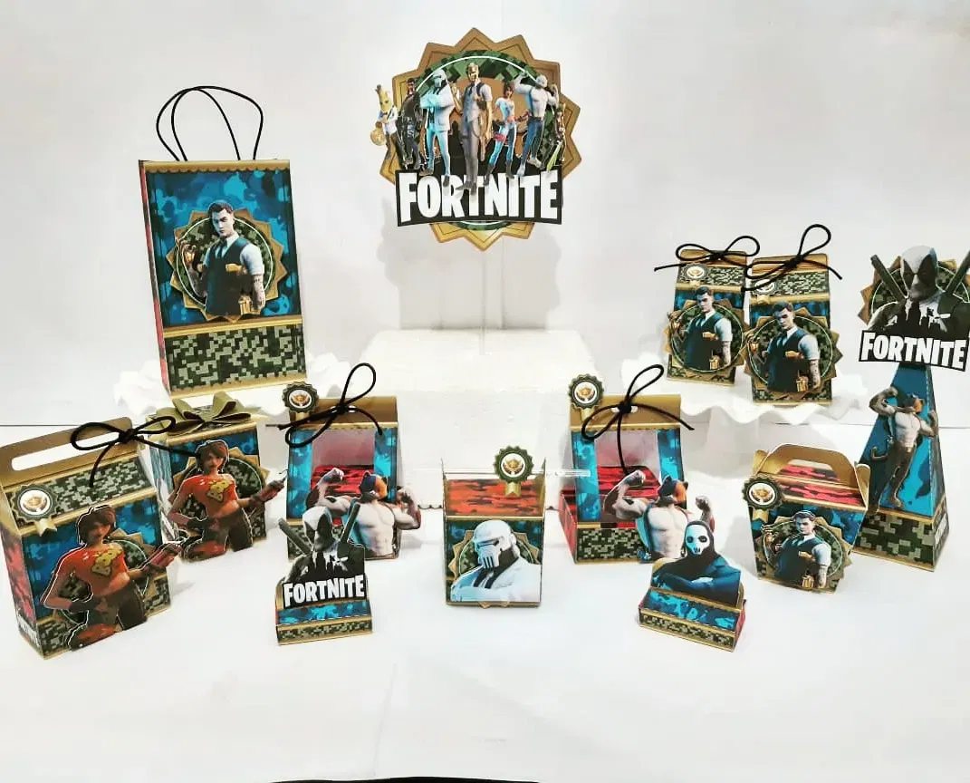 Mesa Decorada Fortnite com Praticidade (DIY). Arquivo de Corte Studio e PDF para festas de aniversário. Inclui moldes de topo de bolo e topper.