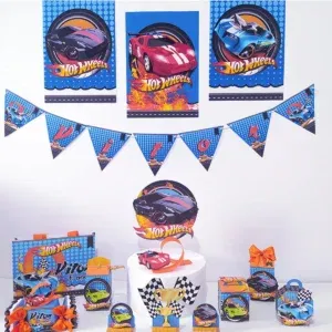 Decoração Completa com Personalizados Hot Wheels. Arquivo de Corte Studio e PDF para festas de aniversário. Inclui topo de bolo e topper.