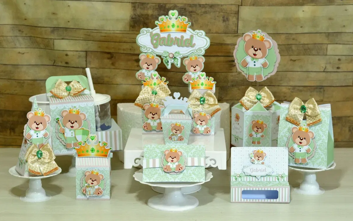 Kit profissional de decoração aniversário ursinho príncipe. Topper, temas, festas e arquivo de corte.