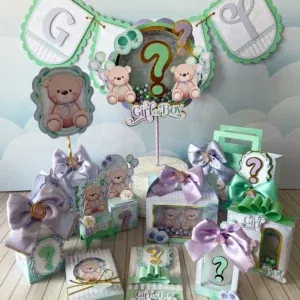 Decoração ursinho verde e lilás para imprimir e recortar. Topper, temas, festas e topper.