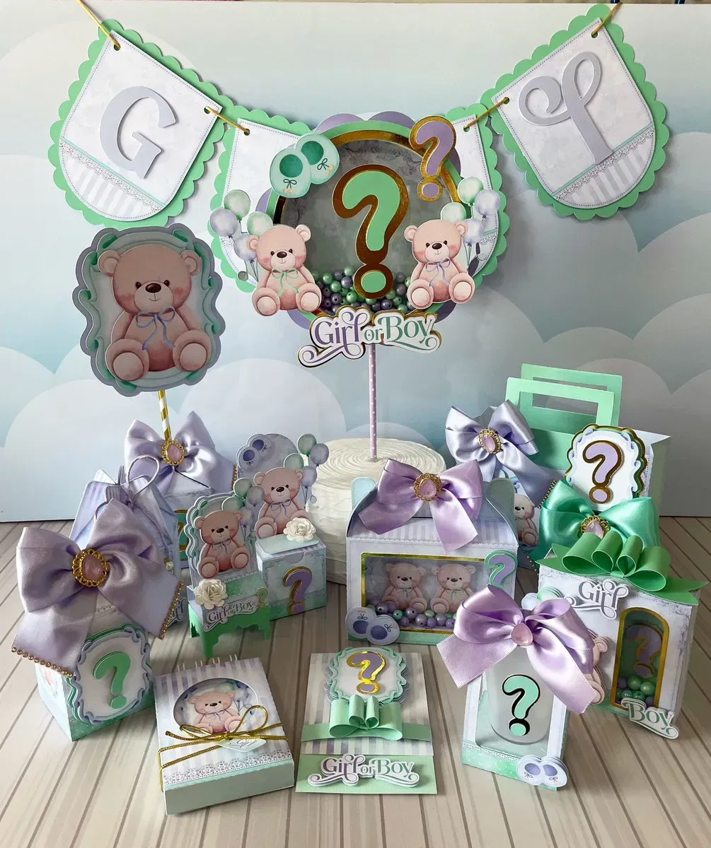 Decoração ursinho verde e lilás para imprimir e recortar. Topper, temas, festas e topper.