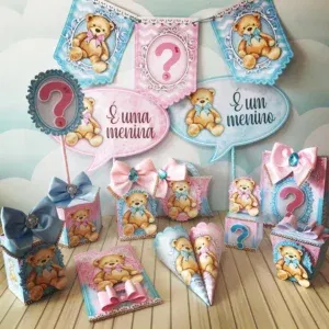 Decoração chá de revelação ursinhos para imprimir e recortar. Topper, temas, festas e arquivo de corte.