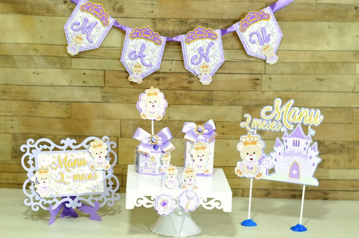 Kit profissional de decoração ursinha princesa. Topper, temas, festas e topper.