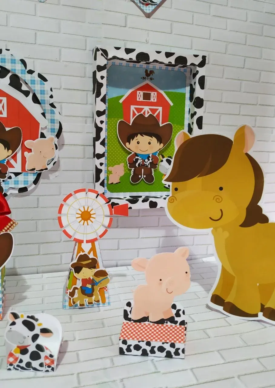 Arquivo digital tema Fazendinha Masculino nos formatos Studio e PDF para corte e decoração de festa.