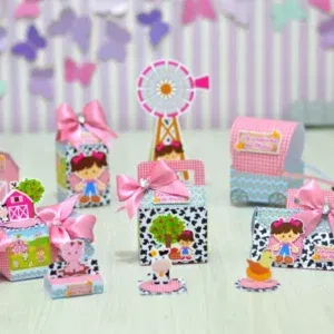 Centro de mesa tema Fazendinha Aquarela Rosa, arquivo digital Studio para decoração de festa de aniversário infantil para imprimir e cortar.