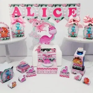 Arquivo para topo de bolo e itens de decoração tema Dinossauro Rosa nos formatos Studio e PDF, pronto para imprimir e recortar na Silhouette.