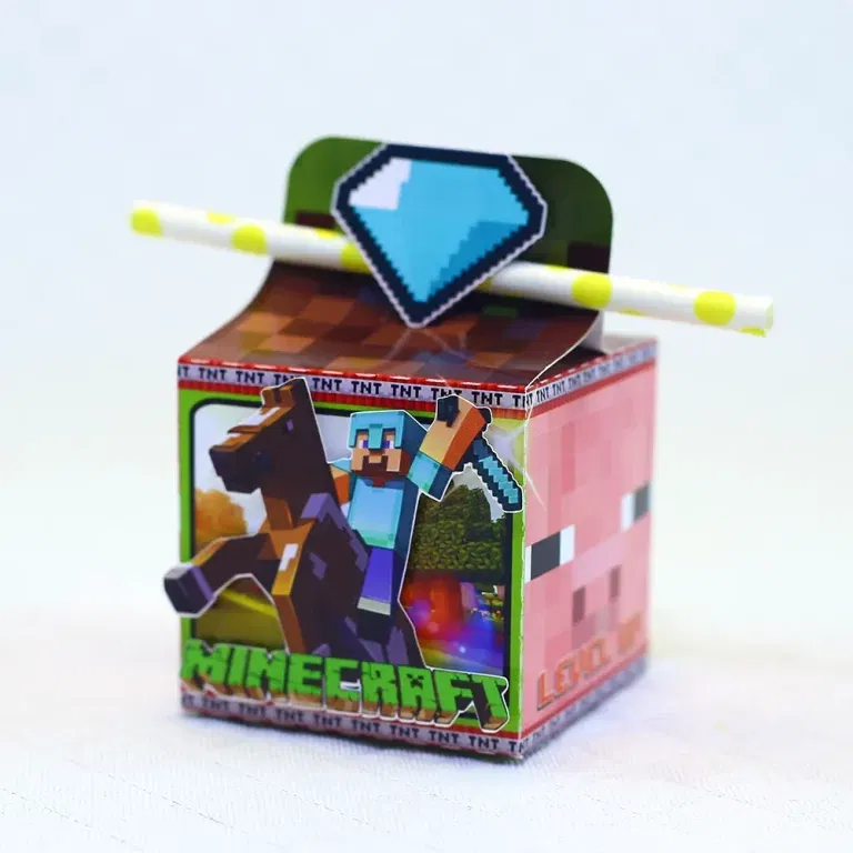 Arquivo de corte para caixa e decoração de aniversário Minecraft nos formatos Studio e PDF, ideal para lembrancinhas de festas personalizadas.