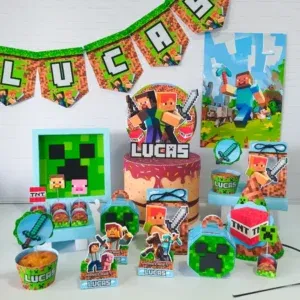 Arquivo de corte tema Minecraft simples nos formatos Studio e PDF para máquinas Silhouette ou tesoura, ideal para decoração econômica de festas infantis.