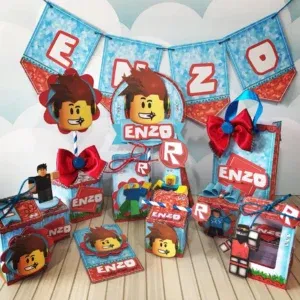 Arquivo digital tema Roblox para meninos nos formatos Studio, PNG e PDF para topo de bolo e itens de festa para imprimir e recortar.