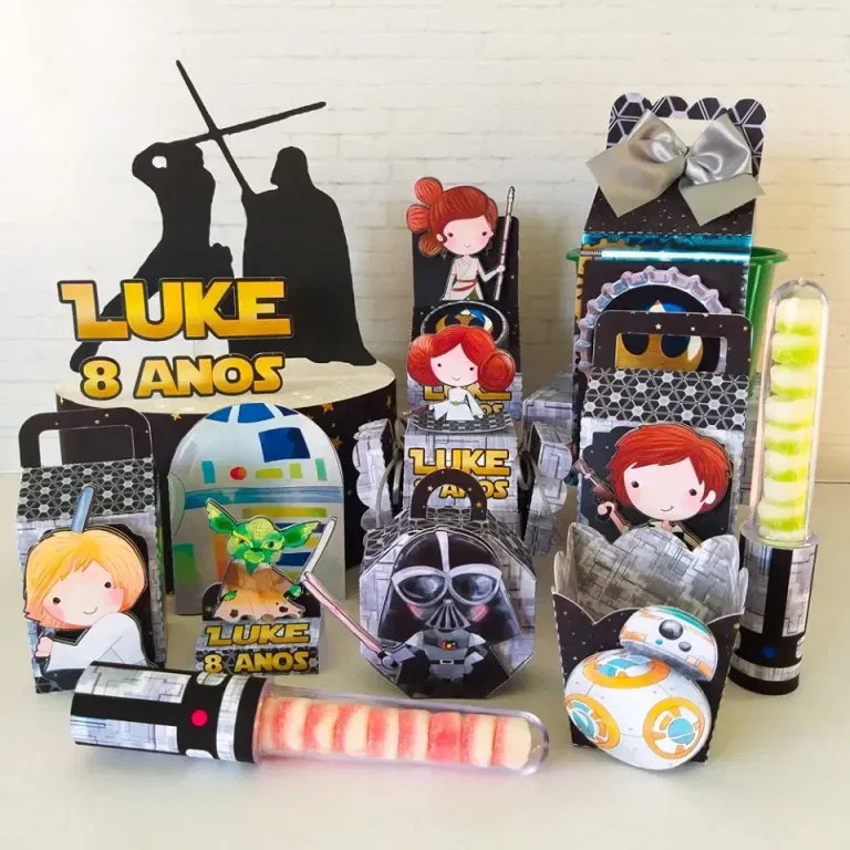 Arquivo de corte digital tema Star Wars para aniversário nos formatos Studio e PDF para máquinas Silhouette ou tesoura, ideal para decoração galáctica.