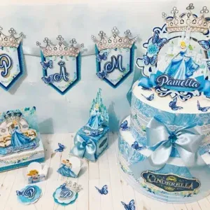 Arquivo digital tema Aniversário da Cinderela Azul nos formatos Studio e PDF para topo de bolo e itens de festa para imprimir e recortar.