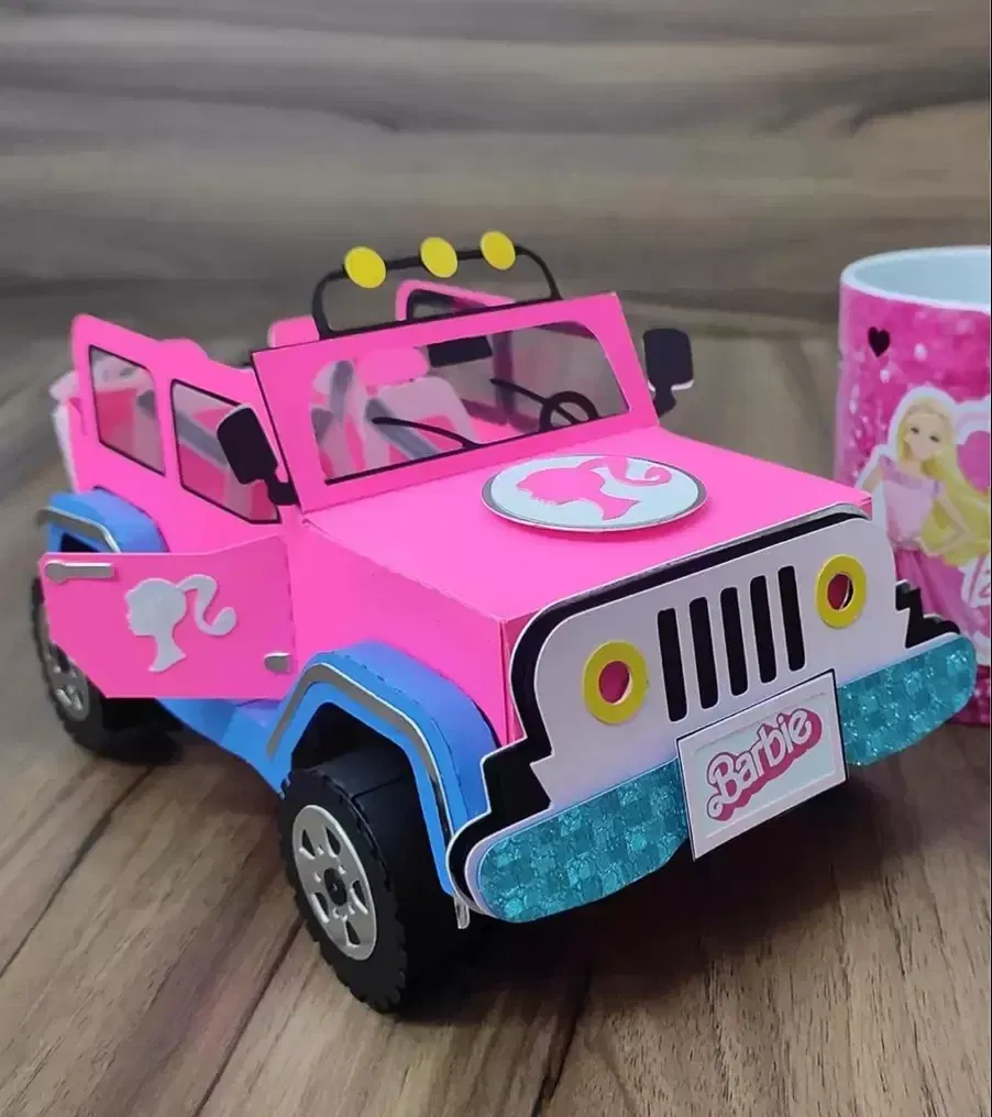 Arquivo digital de carro Jeep da Barbie nos formatos Studio e PDF para máquinas de corte Silhouette ou tesoura, ideal para personalizados e decoração de festas.