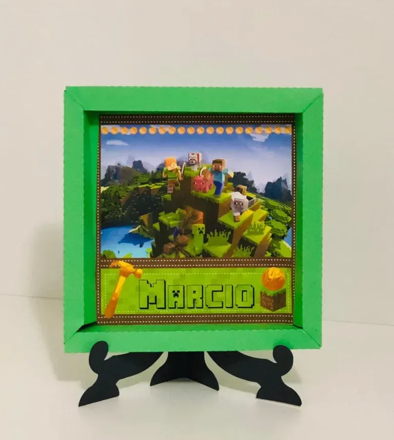 Moldes digitais tema Minecraft nos formatos Studio e PDF para impressão de alta resolução e decoração de festas personalizadas de meninos.