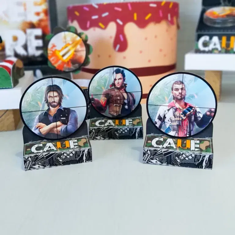Arquivo de corte digital para topper de bolo e itens de decoração tema Free Fire nos formatos Studio e PDF para Silhouette.