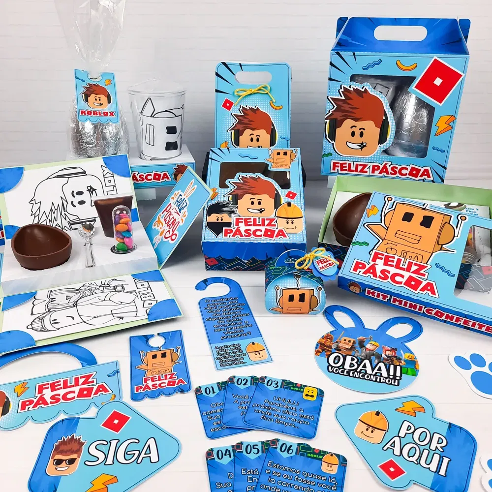 Conjunto de arquivos digitais tema Roblox para Páscoa para imprimir e recortar nos formatos Studio e PDF para mimos de chocolate.