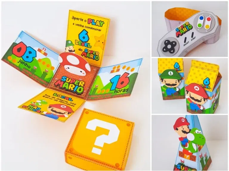 Arquivo digital tema Super Mario nos formatos Studio e PDF para topo de bolo e itens de decoração para imprimir e recortar na Silhouette.