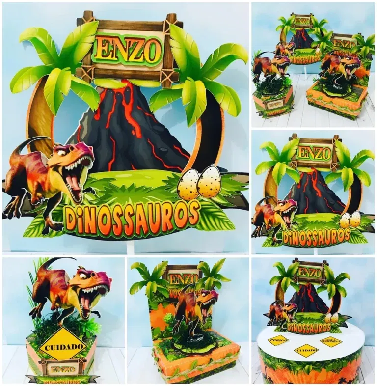 Molde de topo de bolo temático Velociraptor nos formatos Studio e PDF para impressão em alta resolução e decoração de festas.