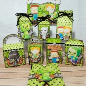 Arquivo de corte digital de caixinha personalizada tema Minecraft nos formatos Studio e PDF para máquinas Silhouette ou tesoura, ideal para lembrancinhas.