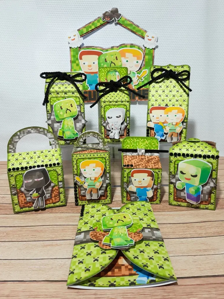 Arquivo de corte digital de caixinha personalizada tema Minecraft nos formatos Studio e PDF para máquinas Silhouette ou tesoura, ideal para lembrancinhas.