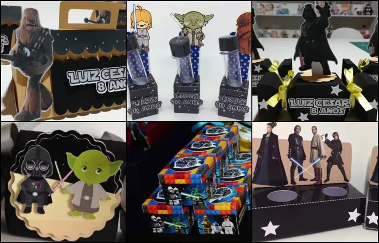 Moldes digitais de caixinha temática Star Wars no formato Studio para impressão de alta resolução e decoração de festas infantis e geeks.