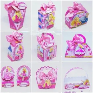 Moldes digitais de centro de mesa tema Barbie Luxo no formato Studio para impressão de alta resolução e decoração de festas personalizadas.