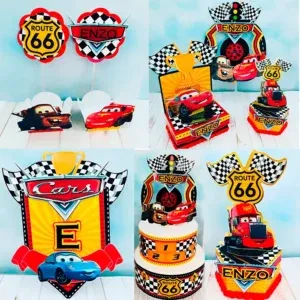Moldes digitais de centro de mesa do Relâmpago McQueen nos formatos Studio e PDF para impressão de alta resolução e personalizados de festas infantis.