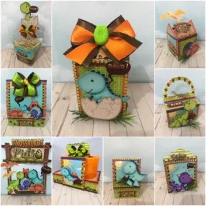 Moldes digitais de centro de mesa tema Dinossauros nos formatos Studio e PDF para impressão de alta resolução e personalizados de festas de aniversário.