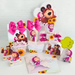 Moldes digitais de centro de mesa da Masha e o Urso nos formatos Studio e PDF para impressão de alta resolução e personalizados de festas infantis.