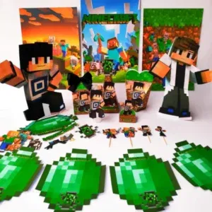 Arquivo de corte digital para centro de mesa Minecraft nos formatos Studio e PDF para máquinas Silhouette ou tesoura, ideal para decoração de festas infantis.