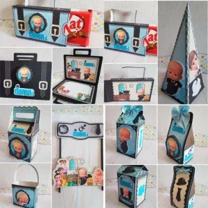 Conjunto de arquivos digitais tema Poderoso Chefinho para centro de mesa para imprimir e recortar nos formatos Studio e PDF.