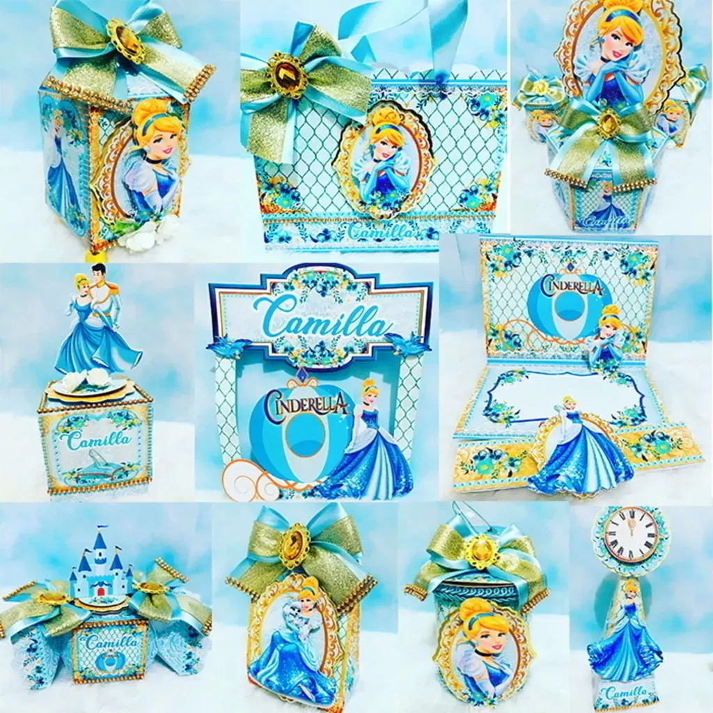 Arquivo digital tema Decoração de Aniversário Cinderela nos formatos Studio e PDF para topo de bolo e itens de festa para imprimir e recortar.