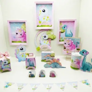 Moldes digitais de decoração tema Dinossauro Rosa nos formatos Studio, PNG e PDF para impressão de alta resolução e personalizados de festas de menina.