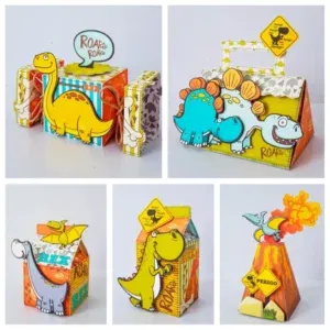 Moldes digitais de decoração tema Dinossauro nos formatos Studio, PNG e PDF para impressão de alta resolução e personalizados de festas infantis.